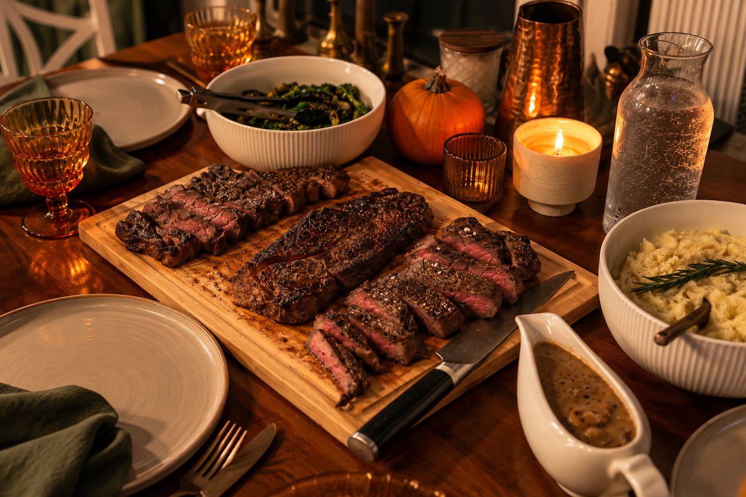 A dinner party table with steak and sides